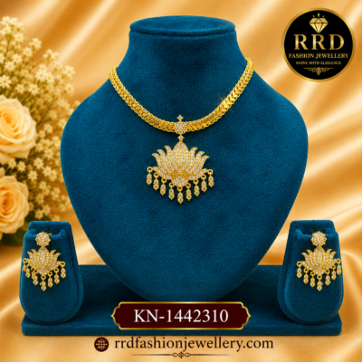 Lotus Motif American Diamond Necklace Set with Dangling CZ Drops – KN-1442310