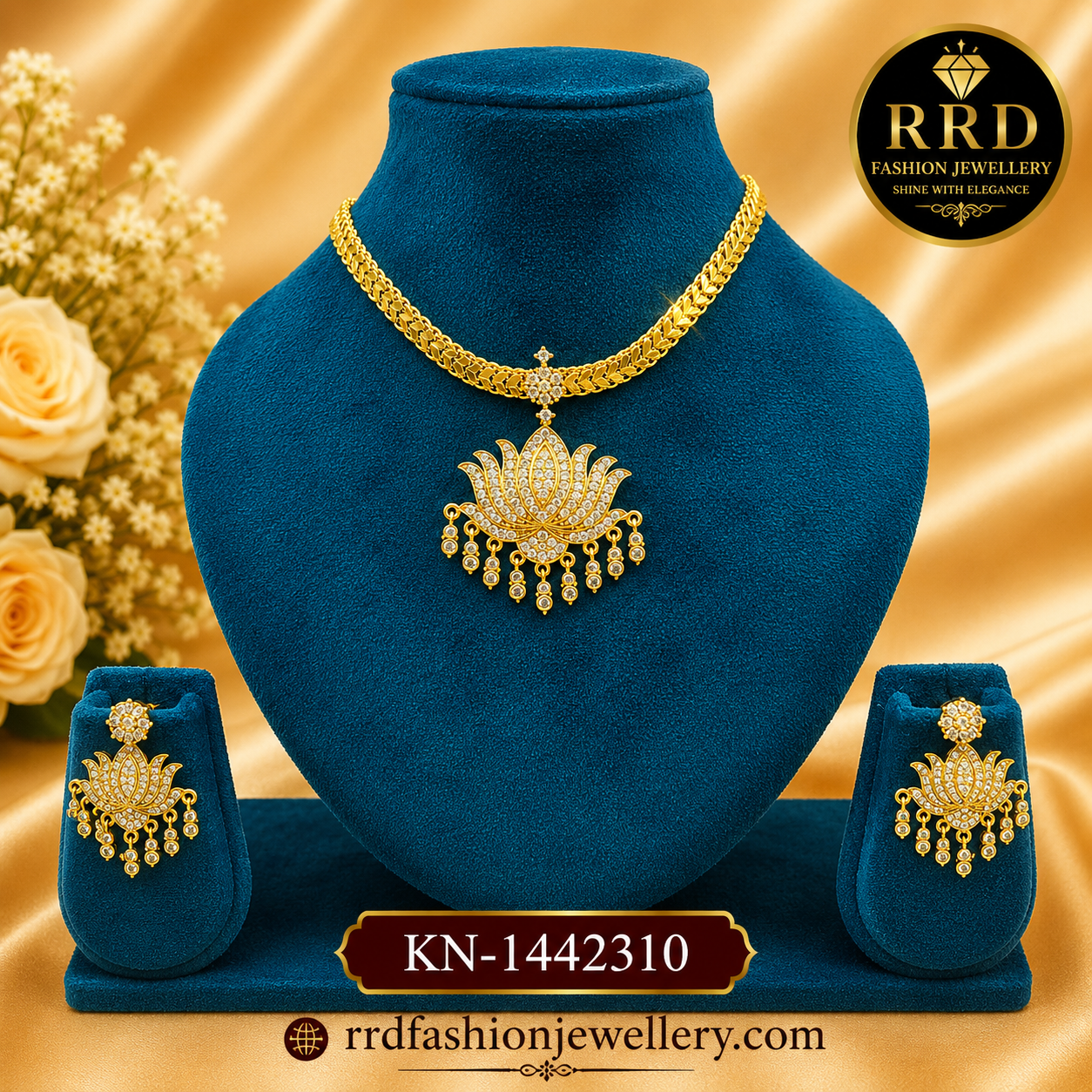 Lotus Motif American Diamond Necklace Set with Dangling CZ Drops – KN-1442310