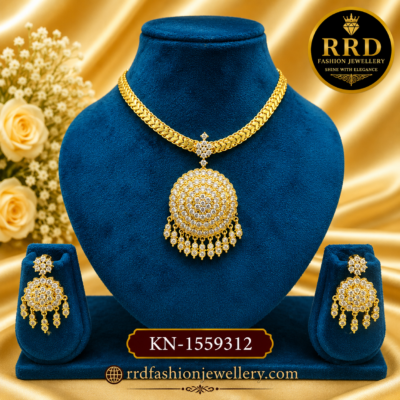 Premium Circular American Diamond Pendant Necklace Set with Matching Earrings – KN-1559312