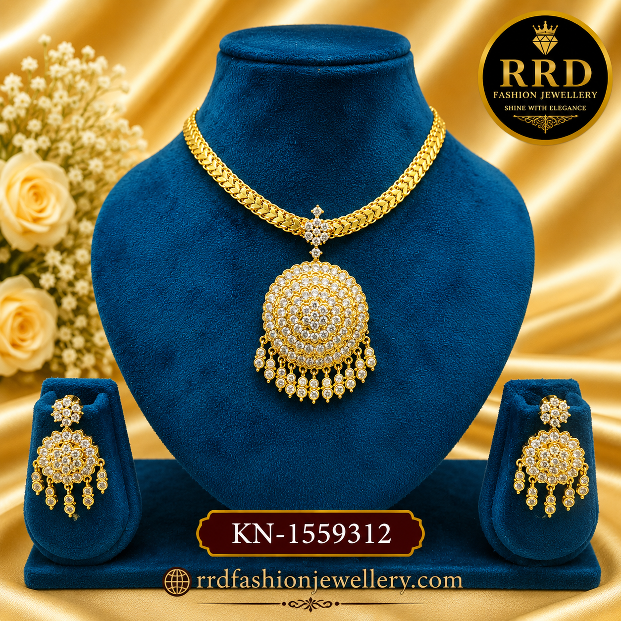 Premium Circular American Diamond Pendant Necklace Set with Matching Earrings – KN-1559312