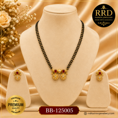 Premium CZ Twin Pendant Black Beads Mangalsutra Set with Matching Earrings – BB-125005