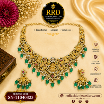 Lakshmi Peacock AD Temple Necklace Set with Green Bead Drops & Jhumka Earrings – SN-11040323