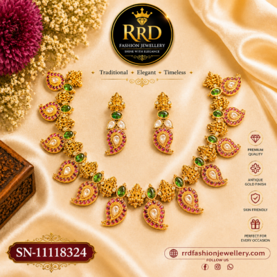 Premium Kemp Paisley Necklace Set with Green Stones & Matching Earrings – SN-11118324
