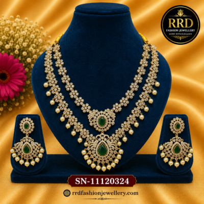 Premium Dual-Layer American Diamond Necklace Set with Emerald Green Stones – SN-11120324