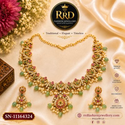 Premium Jadavu Kundan Floral Necklace Set with Green Bead Drops & Earrings – SN-11164324