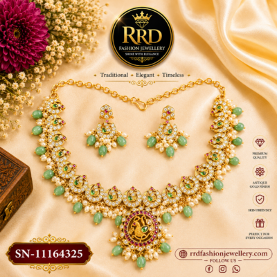 Peacock Chandbali American Diamond Necklace Set with Green Beads – SN-11164325