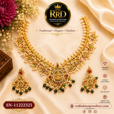 Premium Lakshmi Floral Pearl Drop Necklace Set with Kemp Stones & Earrings – SN-11222325