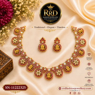 Premium Jadavu Lakshmi Bottumala Necklace Set with Kemp Stones & Earrings – SN-11222325