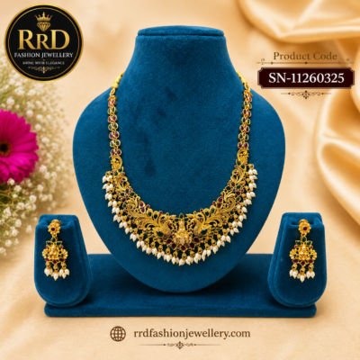 Peacock Antique Necklace Set with Pearl Drops & Matching Earrings | SN-11260325