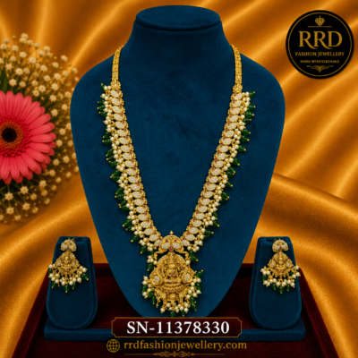Premium Lakshmi Temple Pearl & Green Beads Long Haram Necklace Set SN-11378330