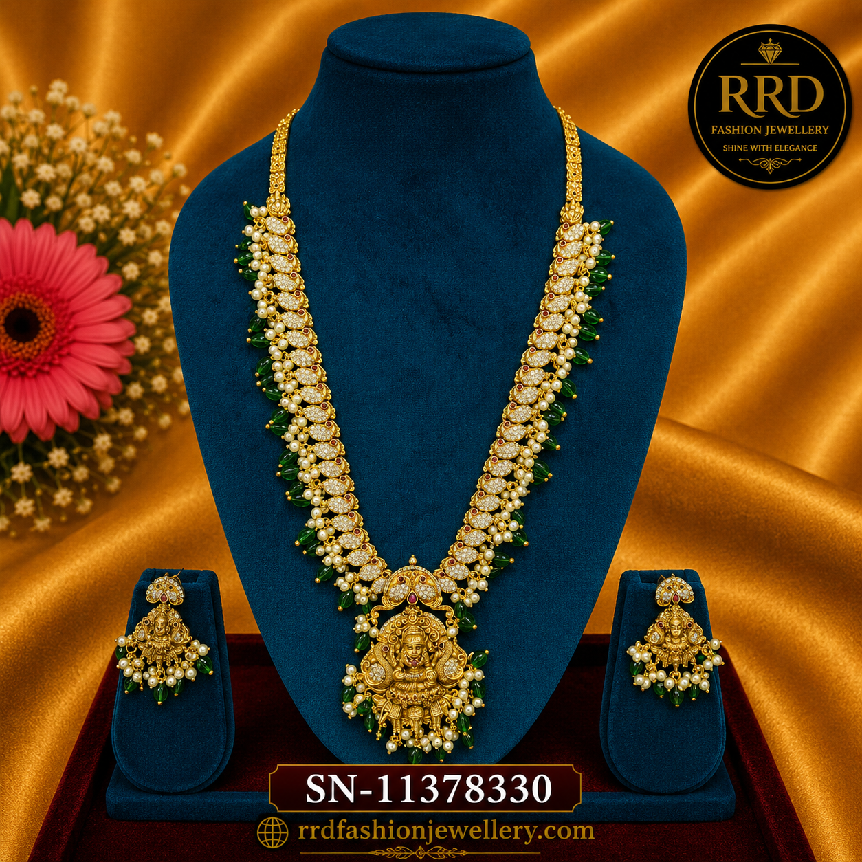 Premium Lakshmi Temple Pearl & Green Beads Long Haram Necklace Set SN-11378330