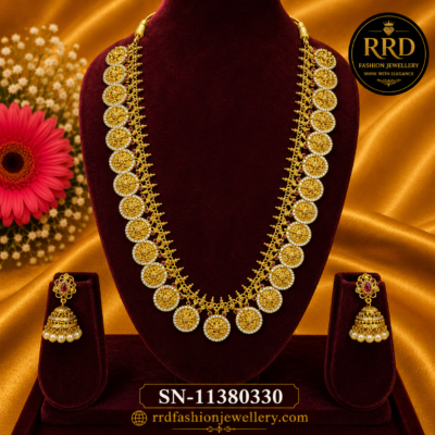 Premium Lakshmi Coin Long Haram Necklace Set with Pearl Jhumka Earrings – SN-11380330