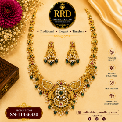 Traditional Peacock Temple Long Haram Necklace Set with Jhumka Earrings – SN-11436330