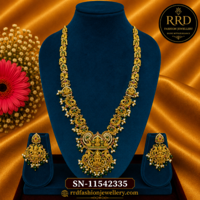 Premium Lakshmi Peacock Temple Long Haram Necklace Set with Pearl & Green Beads – SN-11542335