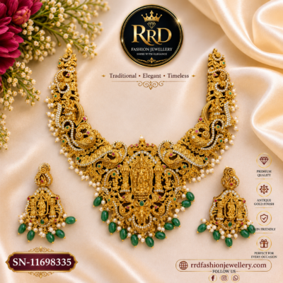 Premium Antique Lakshmi Temple Jewellery Necklace Set with Green Beads & Matching Earrings – SN-11698335