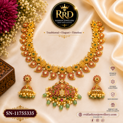 Premium Antique Jadavu Kundan Mango Necklace Set with Jhumka Earrings – SN-11755335