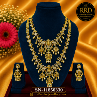SN-11850330 Premium Lakshmi Bridal Haram Necklace Set with Pearl Drops