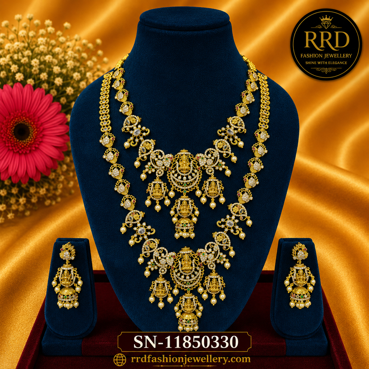 SN-11850330 Premium Lakshmi Bridal Haram Necklace Set with Pearl Drops