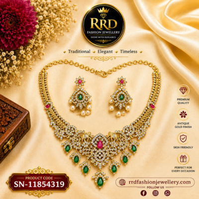 Premium Antique Floral Temple Necklace Set with Ruby & Emerald Stones, Pearls & Matching Earrings - SN-11854319