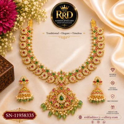 Premium Antique Jadavu Kundan Mango Necklace Set with Green Beads & Jhumka Earrings – SN-11958335
