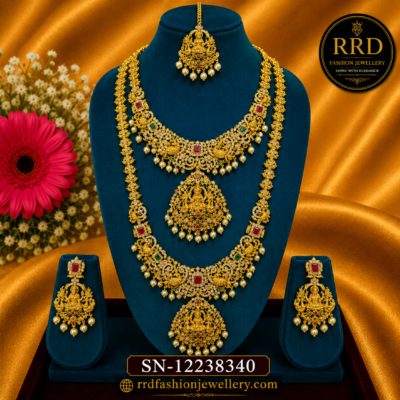 Premium Lakshmi Peacock Temple Bridal Combo Set with Long Haram, Short Necklace, Maang Tikka & Earrings – SN-12238340