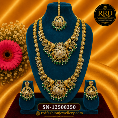Grand Peacock Temple Jewellery Combo Set with Long Haram, Short Necklace, Matching Earrings & Maang Tikka – SN-12500350