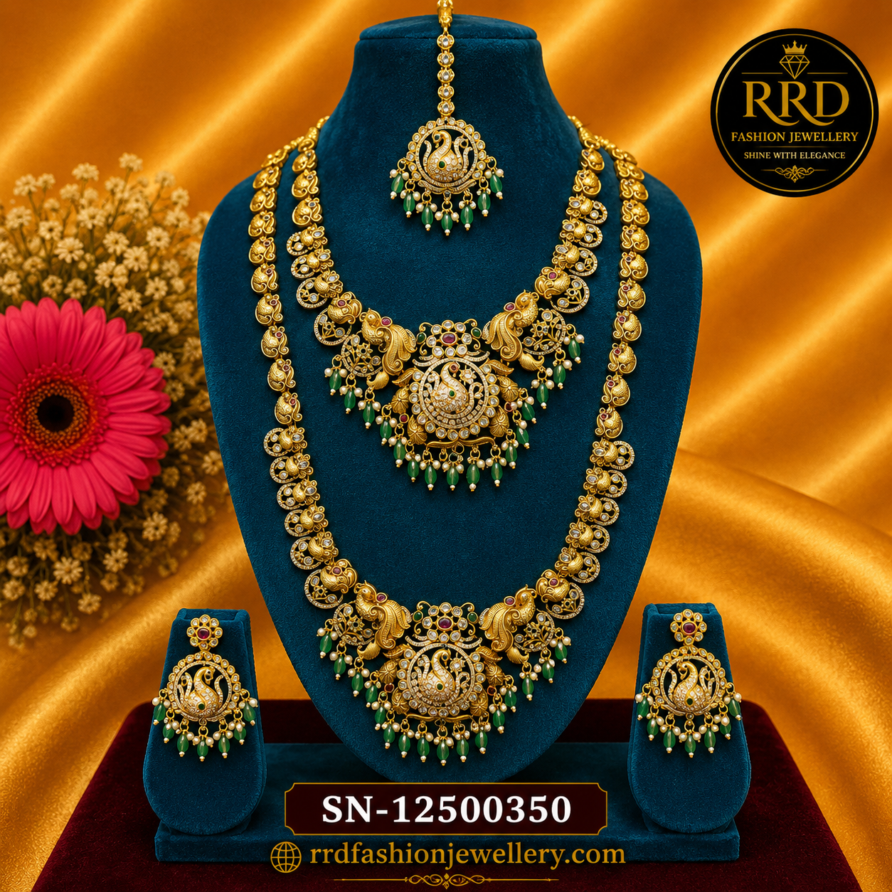 Grand Peacock Temple Jewellery Combo Set with Long Haram, Short Necklace, Matching Earrings & Maang Tikka – SN-12500350