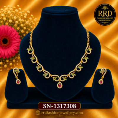 Designer American Diamond Vine Necklace Set with Ruby Drop Pendant & Earrings – SN-1317308