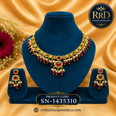 Ruby Crystal Choker Necklace Set with Pearl Drops & Matching Earrings | SN-1435310