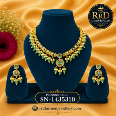 Emerald Crystal Choker Necklace Set with Pearl Drops & Matching Earrings | SN-1435310