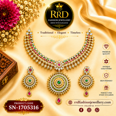 Premium Floral Kundan Choker Necklace Set with Circular Pendant & Matching Earrings - SN-1705316