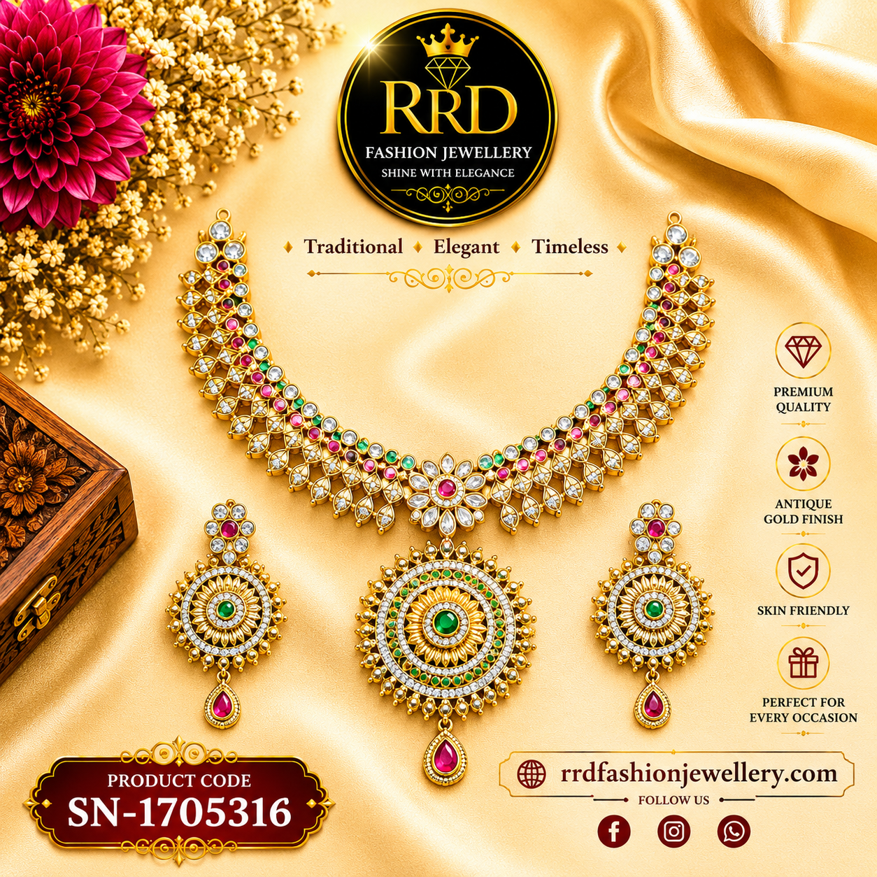 Premium Floral Kundan Choker Necklace Set with Circular Pendant & Matching Earrings - SN-1705316