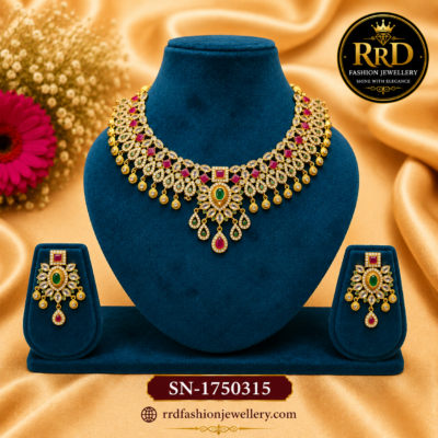 Royal AD Stone Bridal Necklace Set with Emerald & Ruby Accents | SN-1750315