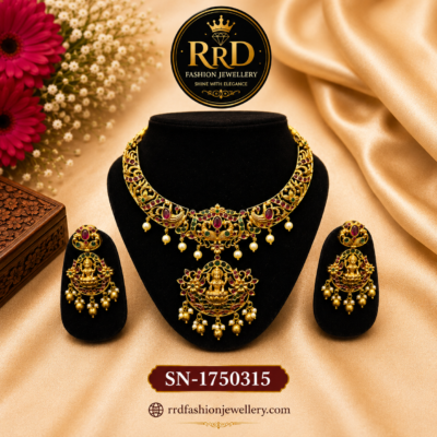 Antique Lakshmi Temple Necklace Set with Ruby & Green Stones | SN-1750315