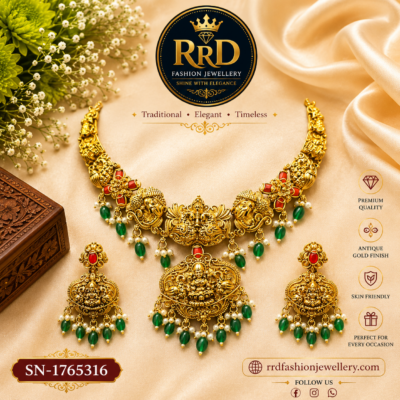 Antique Lakshmi Temple Necklace Set with Green Beads & Matching Earrings | SN-1765316