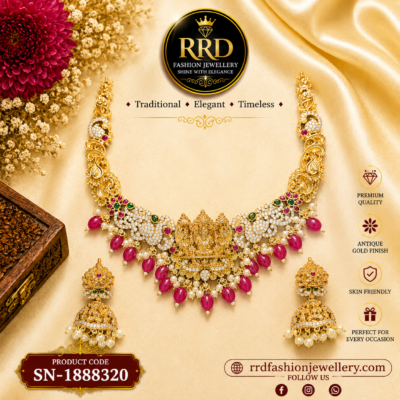 Lakshmi AD Temple Necklace Set with Pink Beads & Jhumka Earrings – SN-1888320