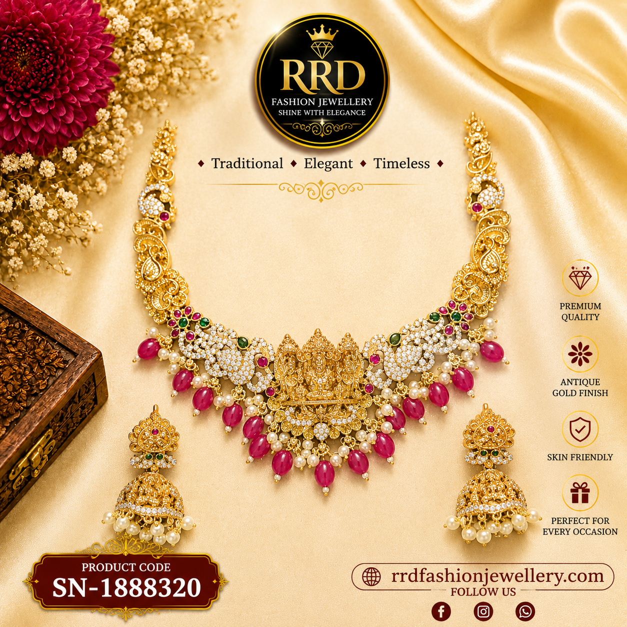 Lakshmi AD Temple Necklace Set with Pink Beads & Jhumka Earrings – SN-1888320