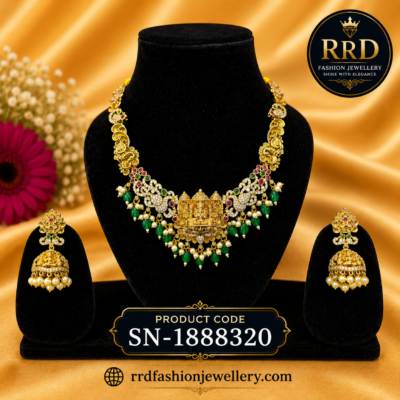 Premium Temple Lakshmi AD Stone Necklace Set with Green Beads – SN-1888320