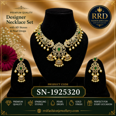 Premium Emerald AD Stone Necklace Set with Pearl Drops – SN-1925320