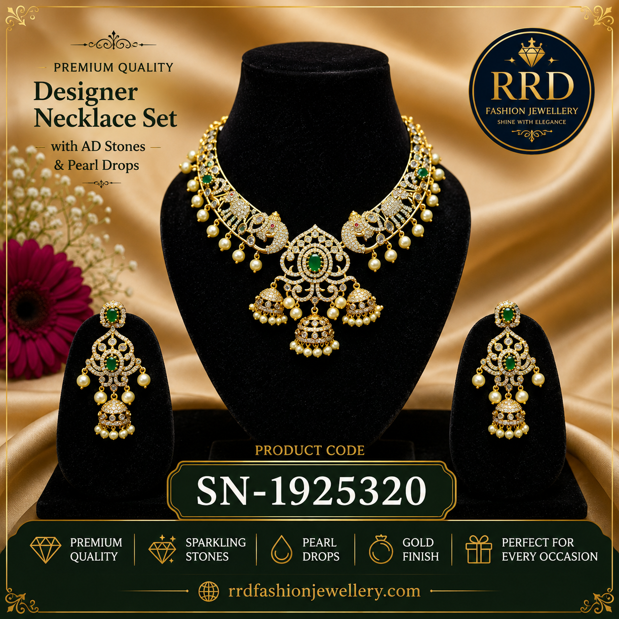 Premium Emerald AD Stone Necklace Set with Pearl Drops – SN-1925320