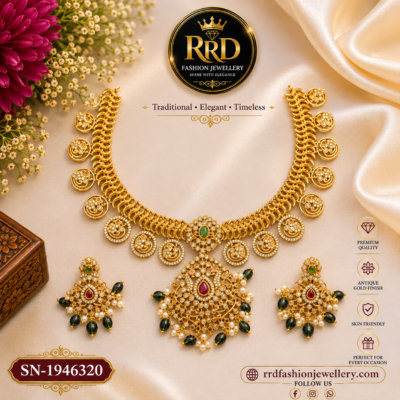 Premium Antique Jilebi Gold coin Necklace Set with CZ Stones & Green Bead Drops – SN-1946320