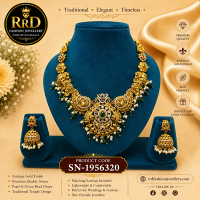Premium Antique Peacock Necklace Set with Green Stones & Pearl Drops | SN-1956320