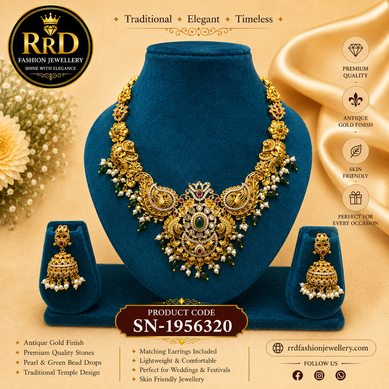 Premium Antique Peacock Necklace Set with Green Stones & Pearl Drops | SN-1956320