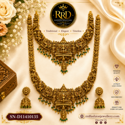Premium Antique Temple Haram Set with Lakshmi Motif & Jhumka Earrings – SN-D11410135