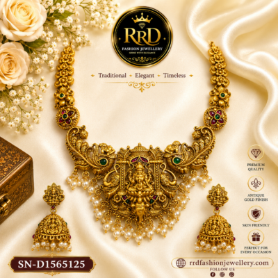 Antique Lakshmi Temple Necklace Set with Pearl Drops & Designer Jhumkas – SN-D1565125