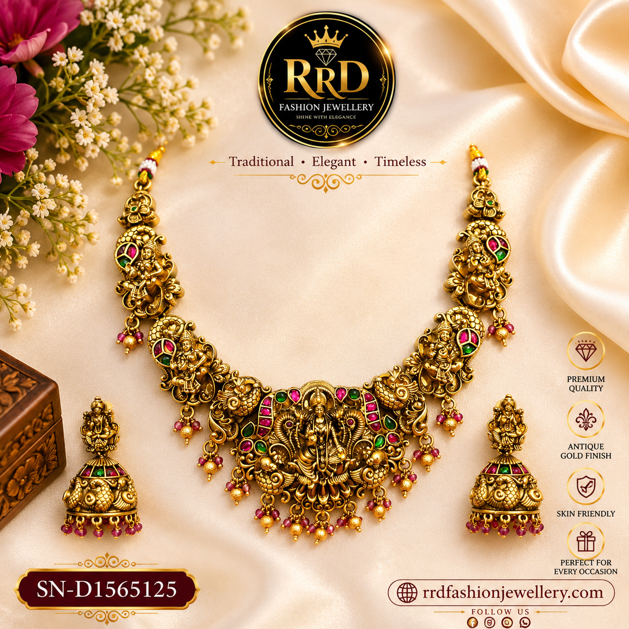 Antique Temple Necklace Set with Jhumka Earrings – SN-D1565125
