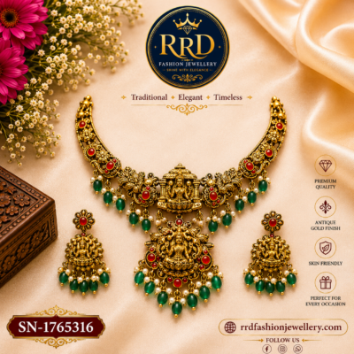 Lakshmi Temple Necklace Set with Green Beads & Matching Earrings | SN-1765316
