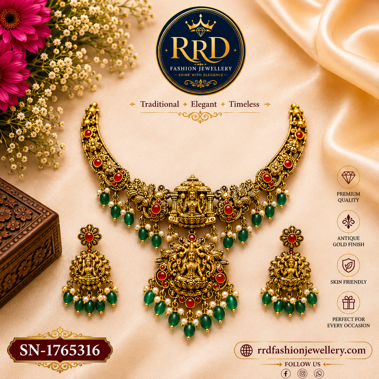 Lakshmi Temple Necklace Set with Green Beads & Matching Earrings | SN-1765316