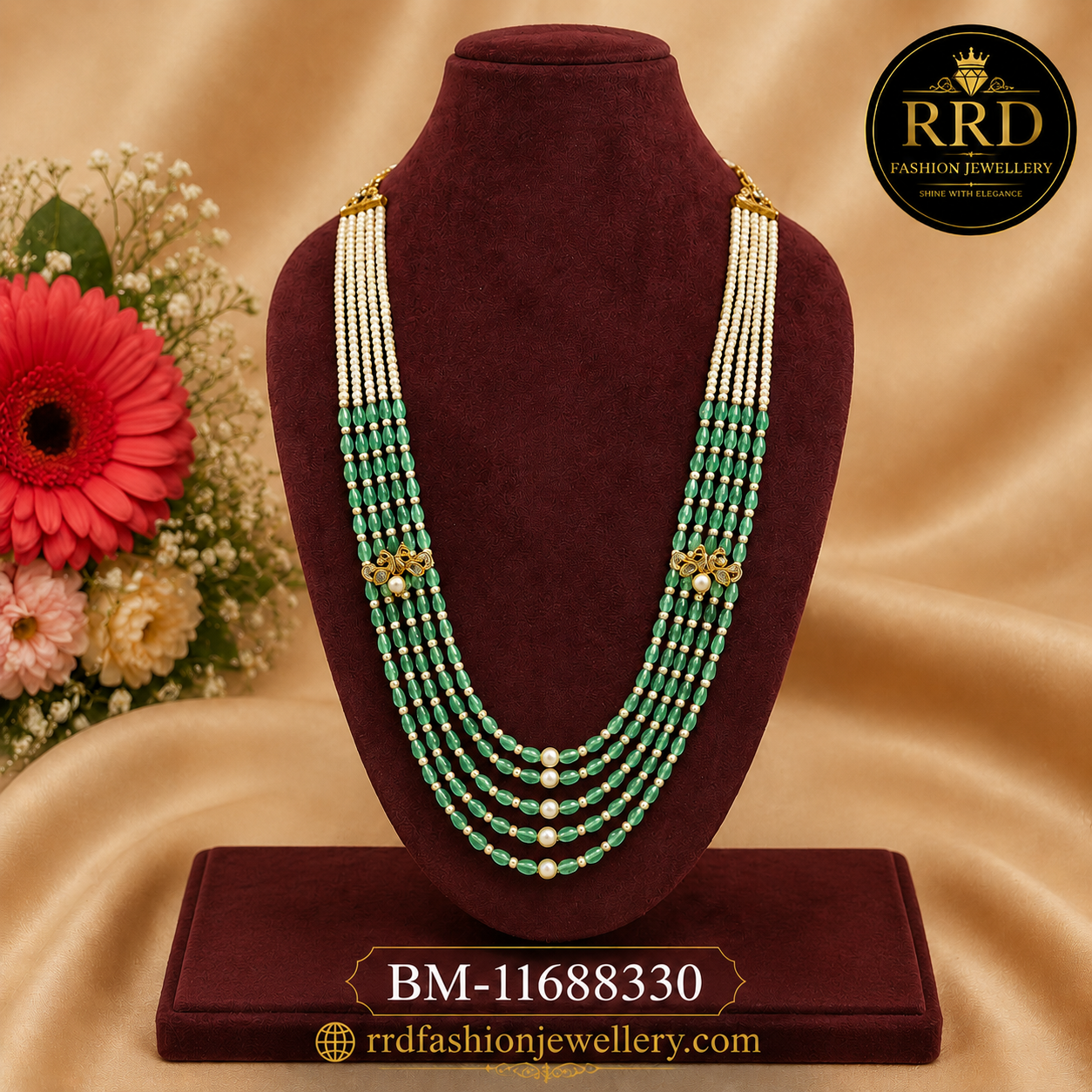 Premium Green Onyx Multi-Layer Pearl Mala Necklace Set with Floral Earrings – BM-11688330