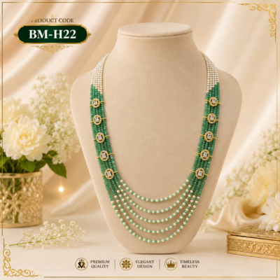 Premium Emerald Green Multi-Layer Beaded Long Haram Necklace with Crystal Connectors – BM-H22